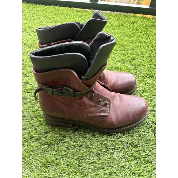 Airstep AS98 Burgundy Leather Boho Biker Ankle Boots Size EUR 39 / US 8.5-9
