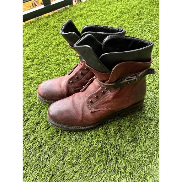 Airstep AS98 Burgundy Leather Boho Biker Ankle Boots Size EUR 39 / US 8.5-9