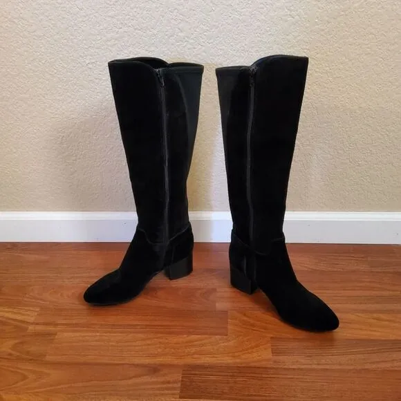 Akhonesty Suede Leather Block Heel Tall Boots Size 7 Black
