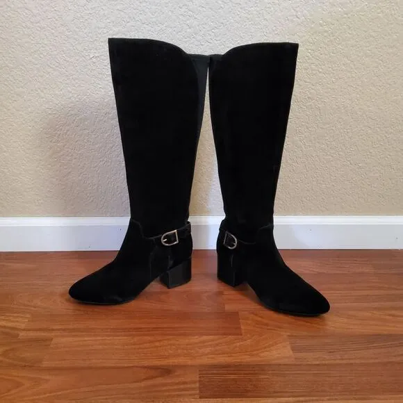 Akhonesty Suede Leather Block Heel Tall Boots Size 7 Black