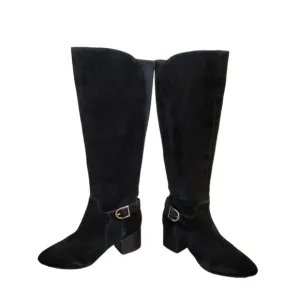 Akhonesty Suede Leather Block Heel Tall Boots Size 7 Black