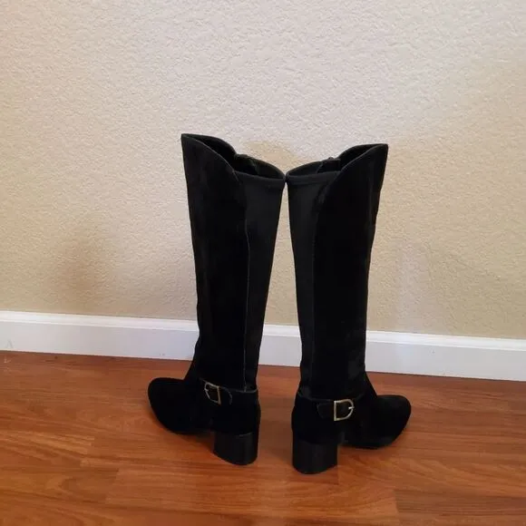 Akhonesty Suede Leather Block Heel Tall Boots Size 7 Black