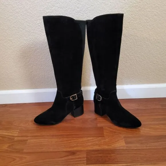 Akhonesty Suede Leather Block Heel Tall Boots Size 7 Black