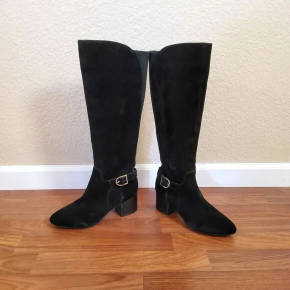 Akhonesty Suede Leather Block Heel Tall Boots Size 7 Black