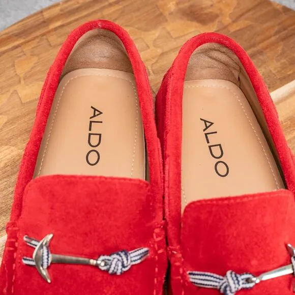 ALDO red Suede Blue Striped Anchor Nautical Buckle Mocs Loafers. Mens 8.5