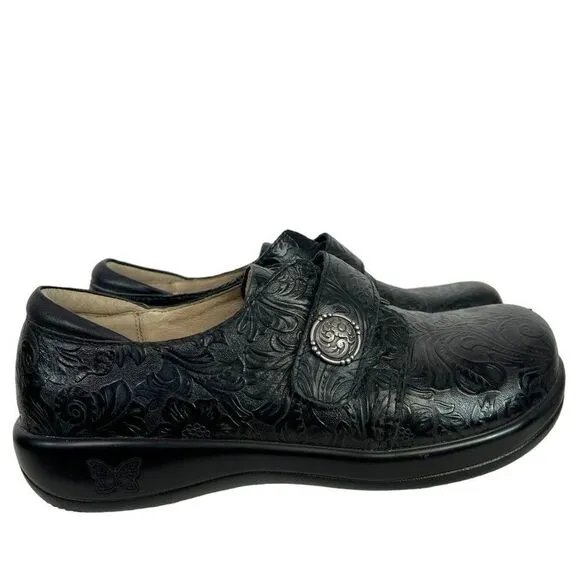 Alegria Joleen Black Leather Paisley Embossed Tooled Slip On Shoe EU 39, US 9M
