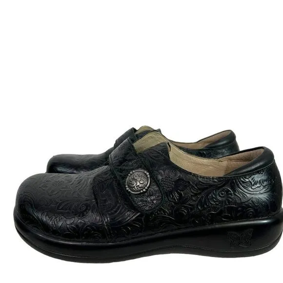 Alegria Joleen Black Leather Paisley Embossed Tooled Slip On Shoe EU 39, US 9M