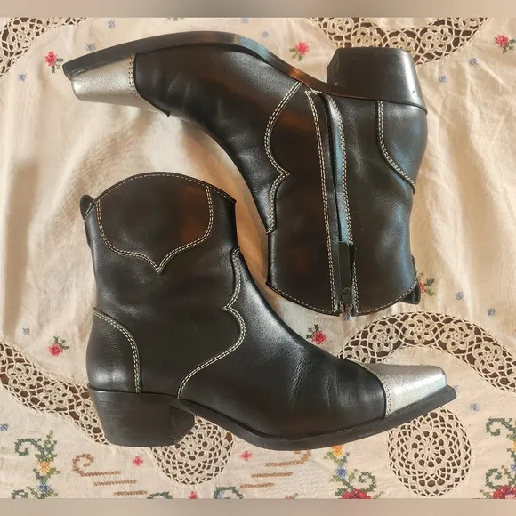 Alohas Buffalo Cowboy Western Leather Boots In Black And Silver Size 40