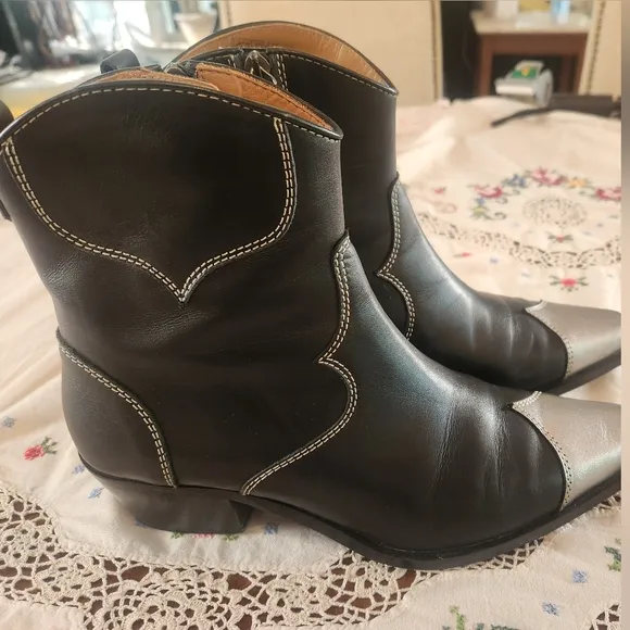 Alohas Buffalo Cowboy Western Leather Boots In Black And Silver Size 40