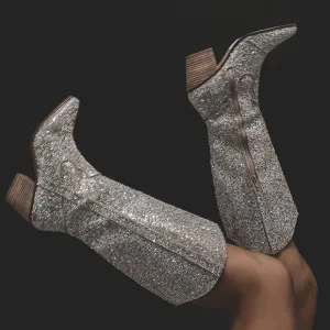 AMAZING LACE Matisse Silver Tall Rhinestone Cowboy Boots