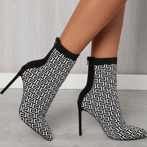 Ankle Boot In Two-tone Black And White Stretch Knit With Monogram