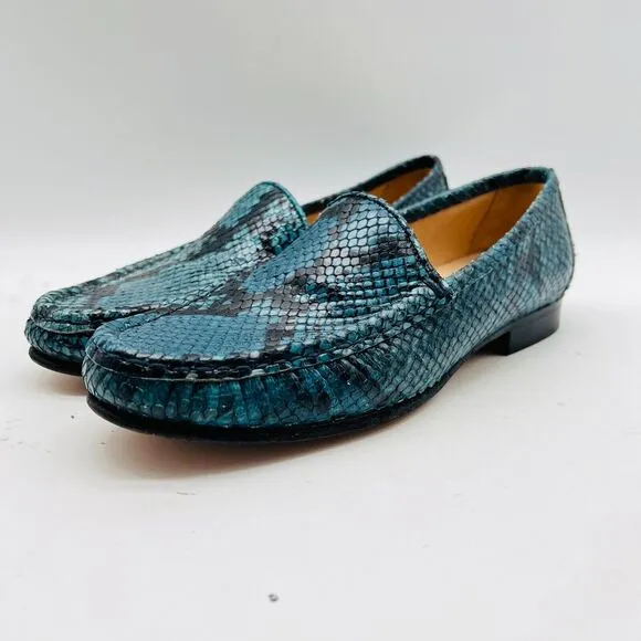 Ann Mashburn Shoes Womens 35 US 5 Blue Green Python Loafers Made in Italy