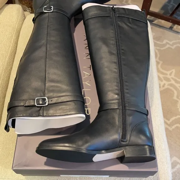 Ann Taylor Adalie Extended Calf Leather Boots Riding Boot Black 511201