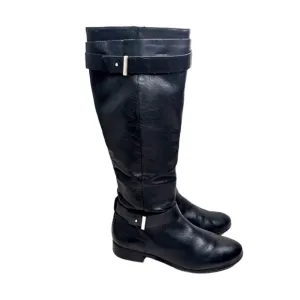 Ann Taylor Black Pebbled Leather Low Heel Tall Riding Boots Goldtone Buckles 6.5