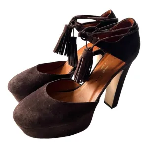 Anthropologie Bettye Muller Italy Brown Suede Platform Tassel Tie Shoes Sz 8.5