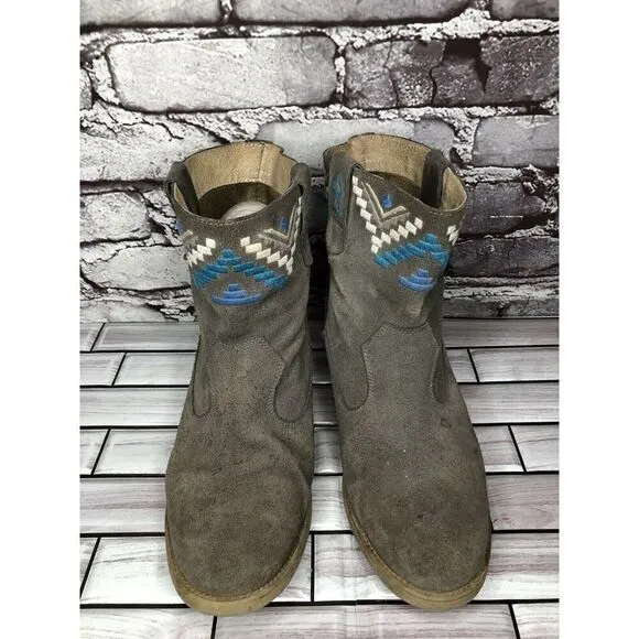 Anthropologie Howsty Gray Suede Western Heel Ankle Boots Women’s Sz 39EU/8.5M US