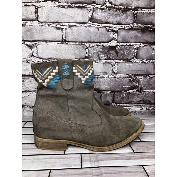 Anthropologie Howsty Gray Suede Western Heel Ankle Boots Women’s Sz 39EU/8.5M US