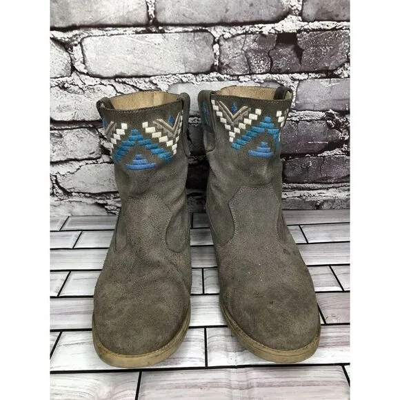 Anthropologie Howsty Gray Suede Western Heel Ankle Boots Women’s Sz 39EU/8.5M US