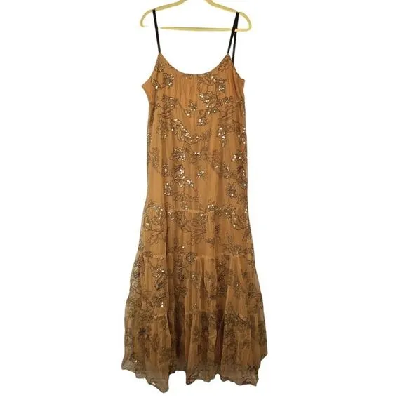 Anthropologie Sequined Tulle Cami Dress Tiered Maxi Brown Black Small Petite New