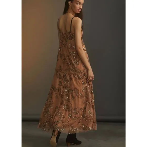 Anthropologie Sequined Tulle Cami Dress Tiered Maxi Brown Black Small Petite New