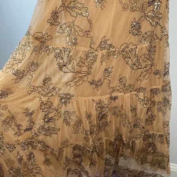 Anthropologie Sequined Tulle Cami Dress Tiered Maxi Brown Black Small Petite New