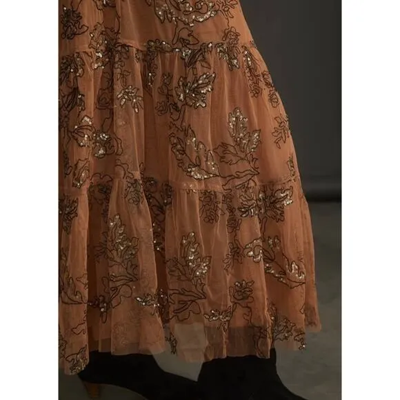 Anthropologie Sequined Tulle Cami Dress Tiered Maxi Brown Black Small Petite New