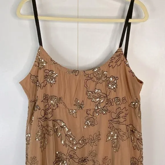 Anthropologie Sequined Tulle Cami Dress Tiered Maxi Brown Black Small Petite New
