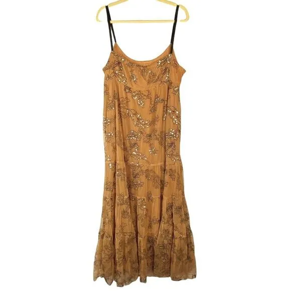 Anthropologie Sequined Tulle Cami Dress Tiered Maxi Brown Black Small Petite New