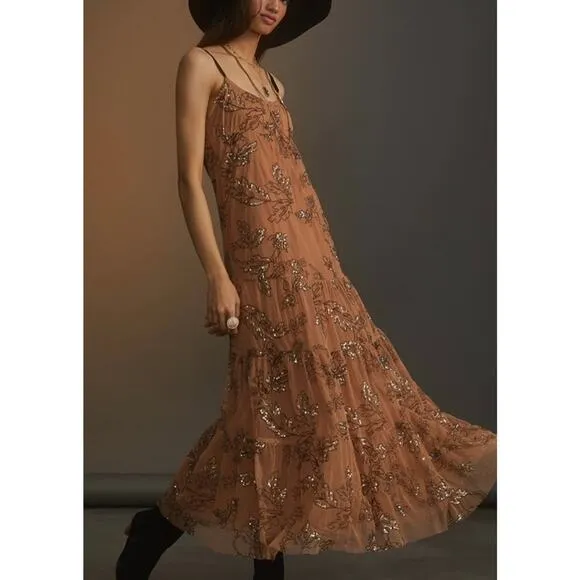 Anthropologie Sequined Tulle Cami Dress Tiered Maxi Brown Black Small Petite New