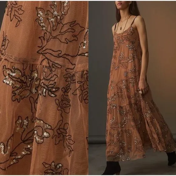 Anthropologie Sequined Tulle Cami Dress Tiered Maxi Brown Black Small Petite New