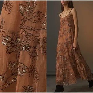Anthropologie Sequined Tulle Cami Dress Tiered Maxi Brown Black Small Petite New
