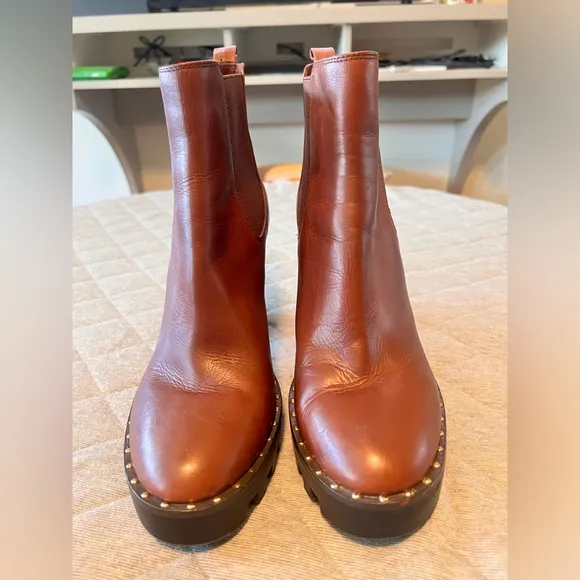 ANTONIO MELANI Paiva Sz 10 Cognac Brown Leather 4.5”Heeled Ankle Boots Orig $180