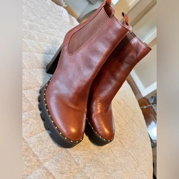 ANTONIO MELANI Paiva Sz 10 Cognac Brown Leather 4.5”Heeled Ankle Boots Orig $180