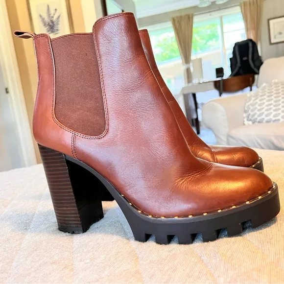 ANTONIO MELANI Paiva Sz 10 Cognac Brown Leather 4.5”Heeled Ankle Boots Orig $180