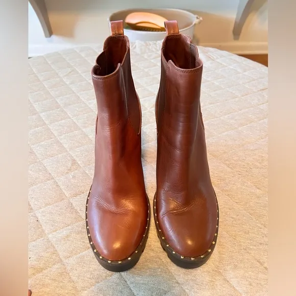 ANTONIO MELANI Paiva Sz 10 Cognac Brown Leather 4.5”Heeled Ankle Boots Orig $180