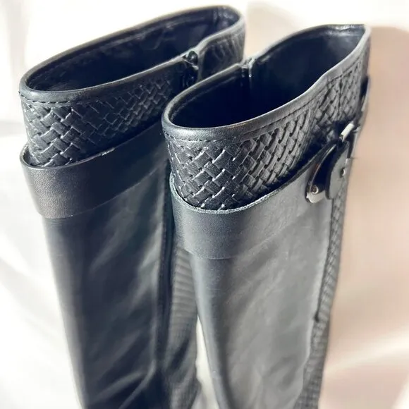 Antonio Melani Women's Sz 8 Black Leather Tall Riding Boots-Weave Design-Unique