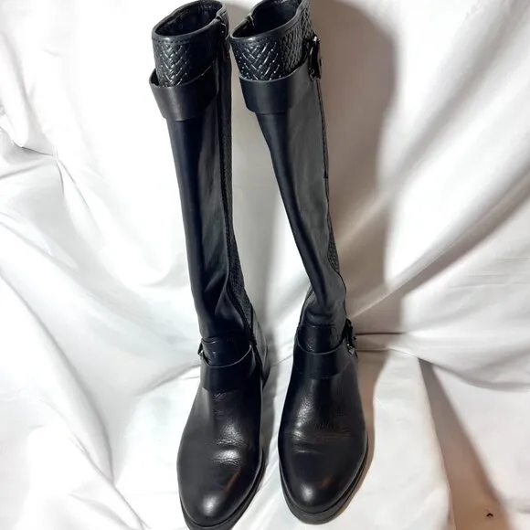 Antonio Melani Women's Sz 8 Black Leather Tall Riding Boots-Weave Design-Unique