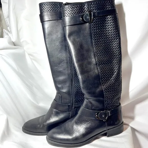 Antonio Melani Women's Sz 8 Black Leather Tall Riding Boots-Weave Design-Unique
