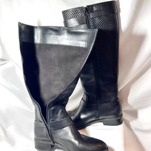 Antonio Melani Women's Sz 8 Black Leather Tall Riding Boots-Weave Design-Unique