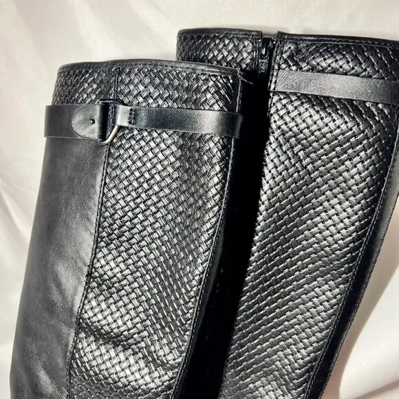 Antonio Melani Women's Sz 8 Black Leather Tall Riding Boots-Weave Design-Unique