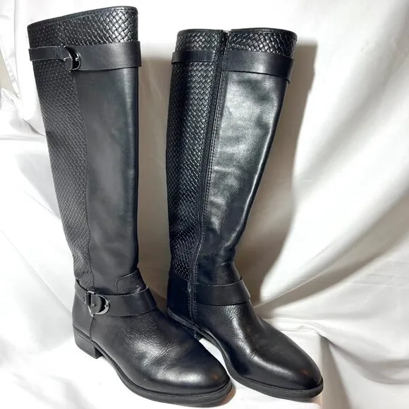 Antonio Melani Women's Sz 8 Black Leather Tall Riding Boots-Weave Design-Unique