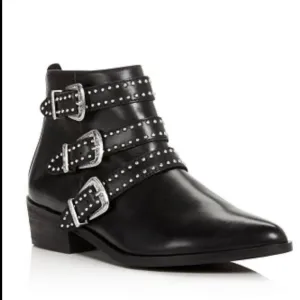 Aqua Black Leather Studded Ankle Boots