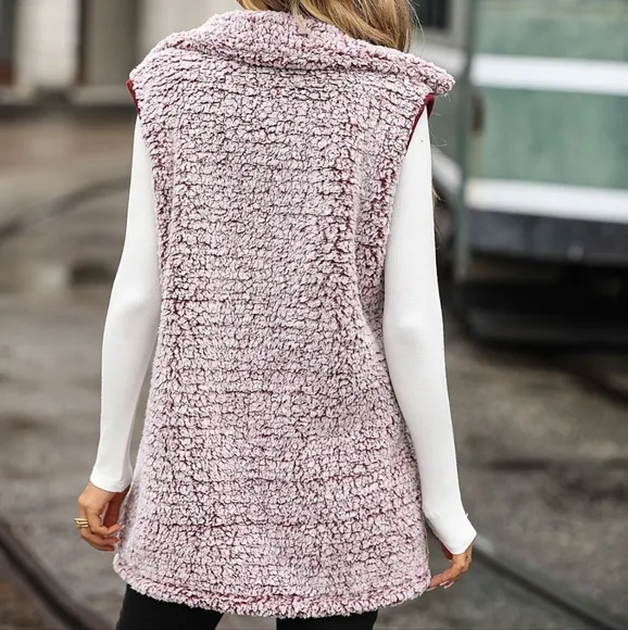 Arctic Allure Button-Down Sherpa Vest - Pink