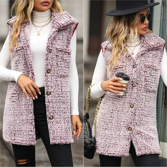Arctic Allure Button-Down Sherpa Vest - Pink