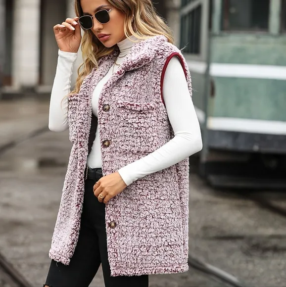 Arctic Allure Button-Down Sherpa Vest - Pink