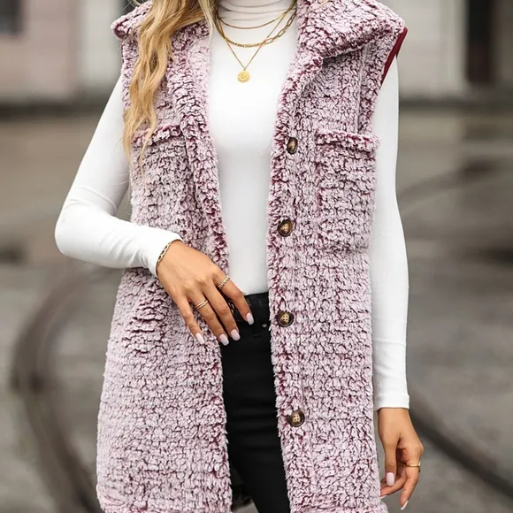 Arctic Allure Button-Down Sherpa Vest - Pink