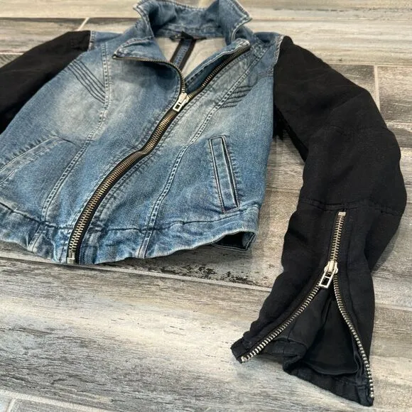 Armani A/X Denim Jacket, Black Cloth Sleeves, Zip Close Moto Fitted Denim Style