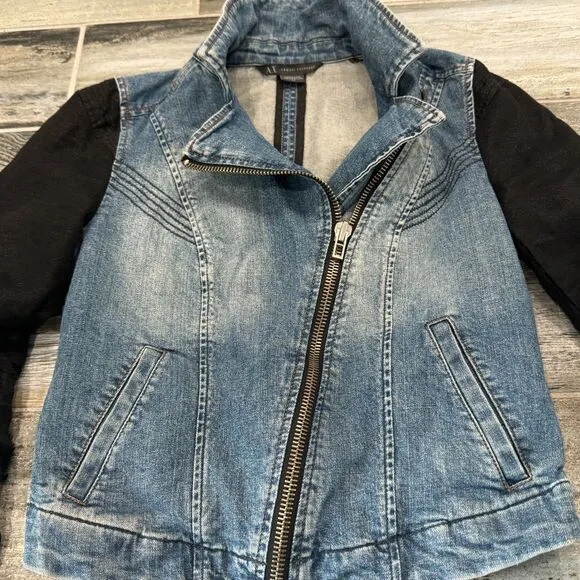 Armani A/X Denim Jacket, Black Cloth Sleeves, Zip Close Moto Fitted Denim Style
