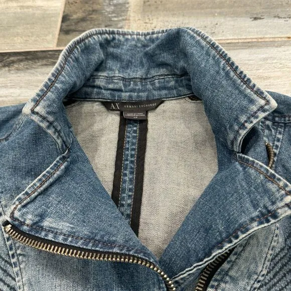 Armani A/X Denim Jacket, Black Cloth Sleeves, Zip Close Moto Fitted Denim Style