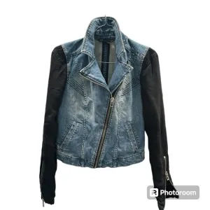 Armani A/X Denim Jacket, Black Cloth Sleeves, Zip Close Moto Fitted Denim Style